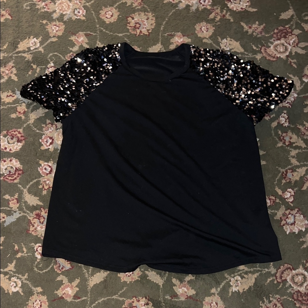 SHEIN Black Tee with Black Sequin Short Sleeves
